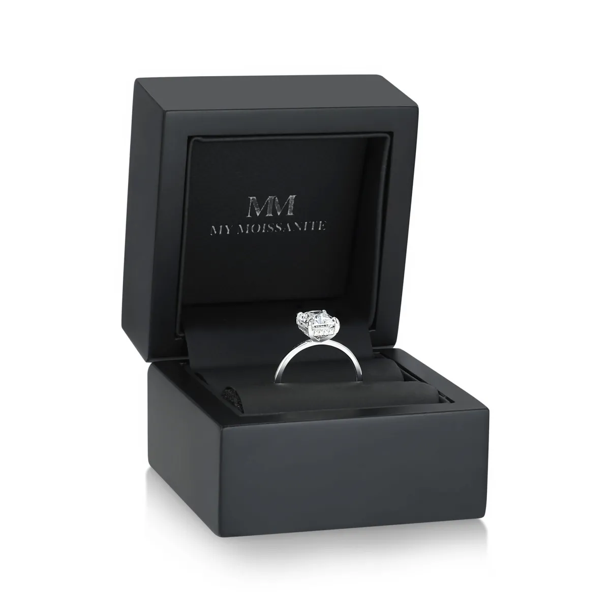 Mirabelle - Radiant Cut Moissanite Solitaire Ring with Basket Setting and Hidden Halo
