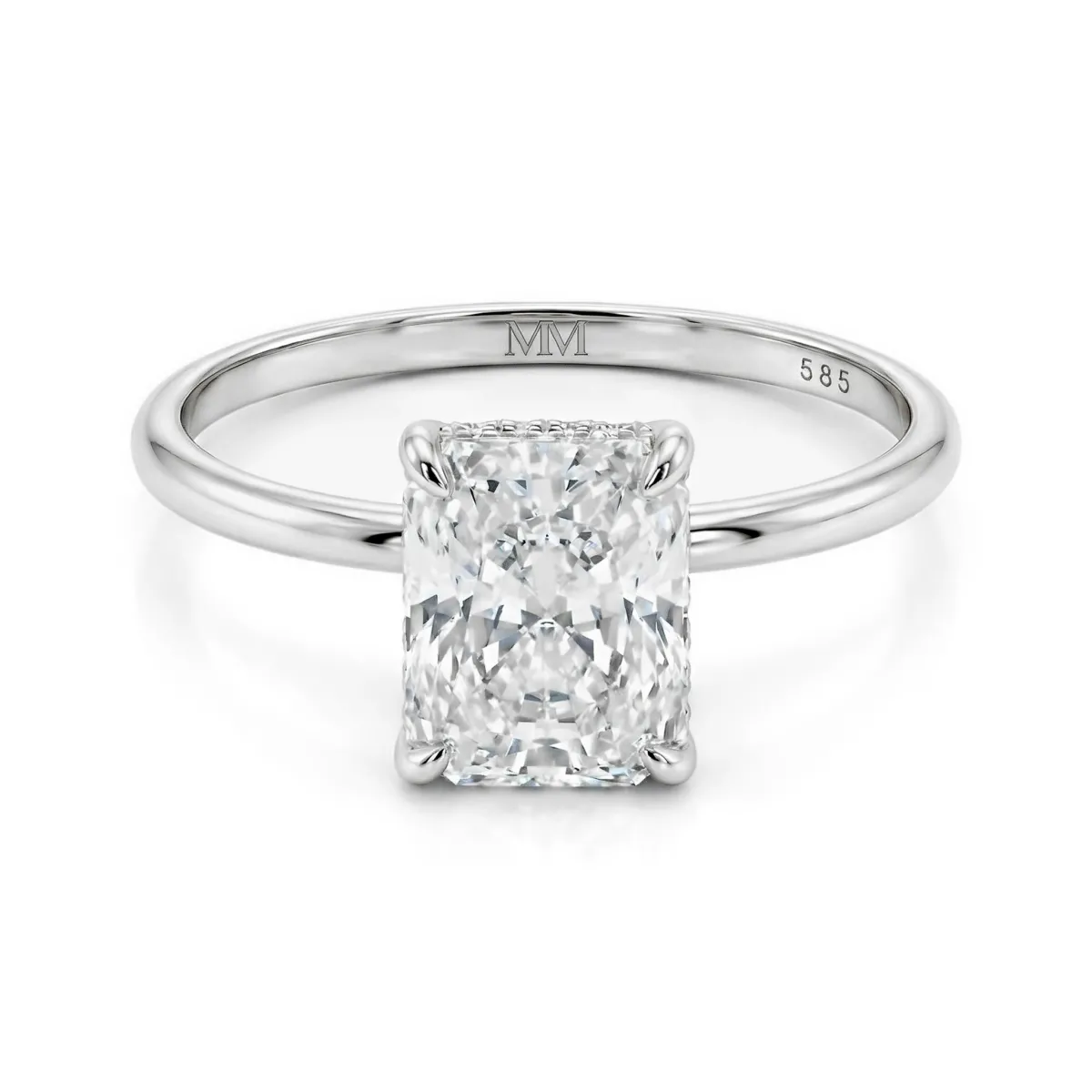 Mirabelle - Radiant Cut Moissanite Solitaire Ring with Basket Setting and Hidden Halo