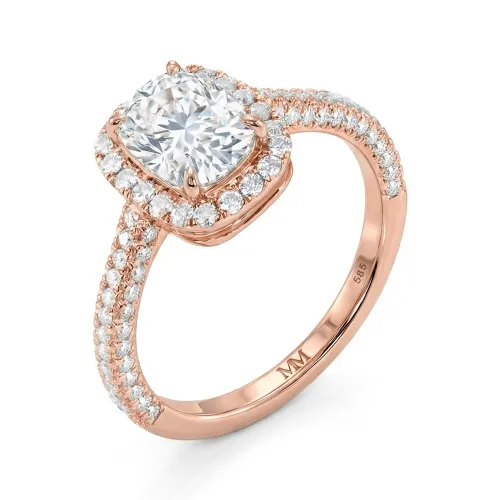 Plushette - Elongated Cushion Cut Moissanite Engagement Ring With Halo and Micropavé Shank