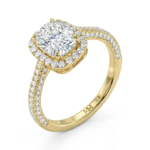 Plushette - Elongated Cushion Cut Moissanite Engagement Ring With Halo and Micropavé Shank