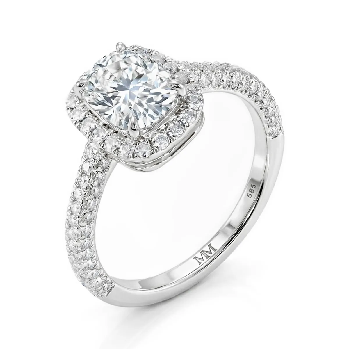 Plushette - Elongated Cushion Cut Moissanite Engagement Ring With Halo and Micropavé Shank
