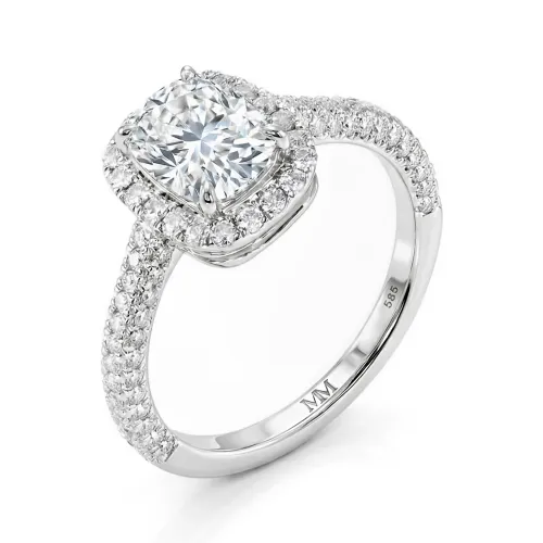 Plushette - Elongated Cushion Cut Moissanite Engagement Ring With Halo and Micropavé Shank