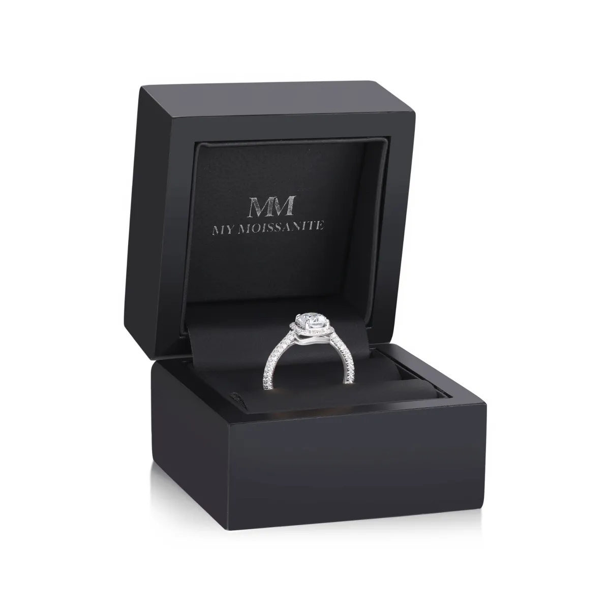 Plushette - Elongated Cushion Cut Moissanite Engagement Ring With Halo and Micropavé Shank