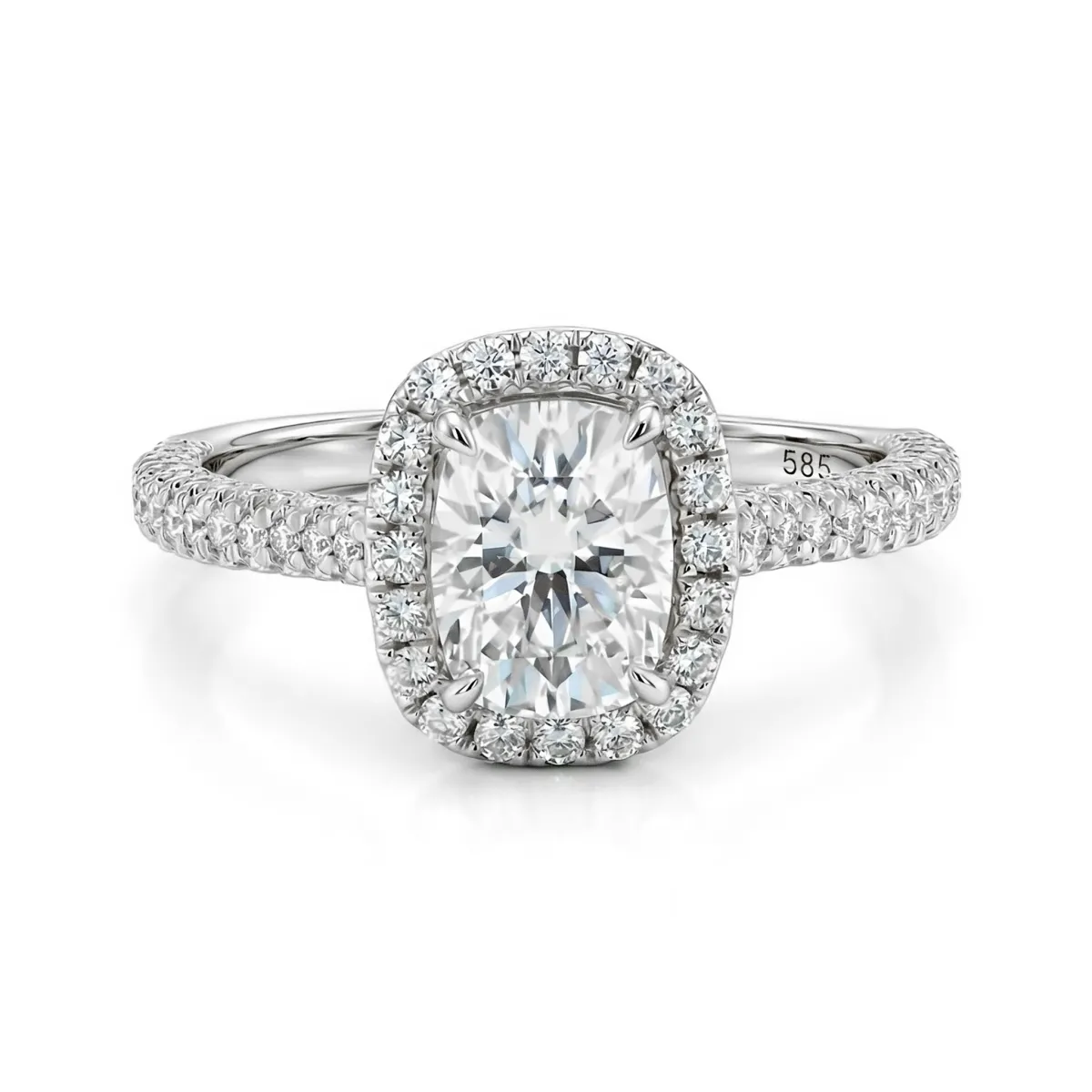 Plushette - Elongated Cushion Cut Moissanite Engagement Ring With Halo and Micropavé Shank