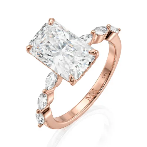 Luminaire - Radiant Cut Moissanite Ring With Marquise Side Stones and Hidden Halo