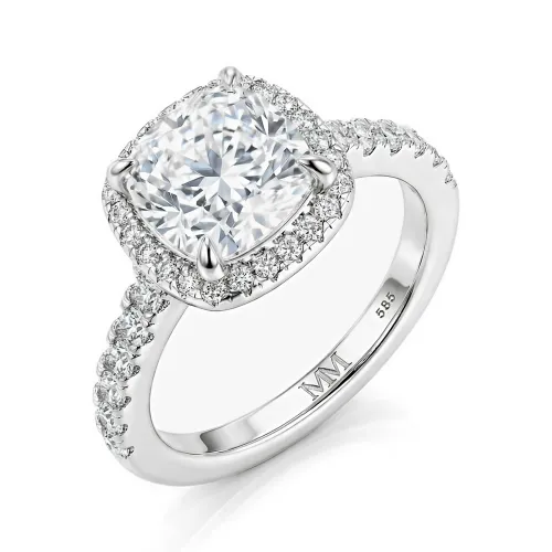 Candesce - Cushion Cut Moissanite Halo Engagement Ring With Accented Band
