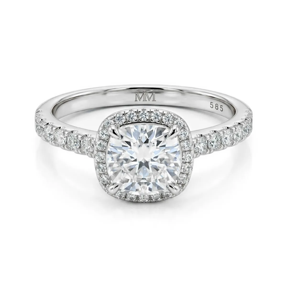 Candesce - Cushion Cut Moissanite Halo Engagement Ring With Accented Band
