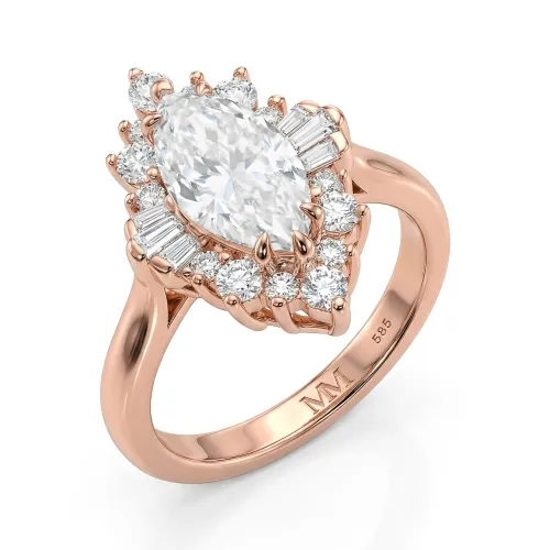 Crownique - Marquise Cut Moissanite Engagement Ring with Halo and Baguette Accents