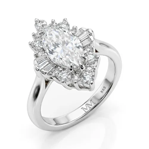 Crownique - Marquise Cut Moissanite Engagement Ring with Halo and Baguette Accents