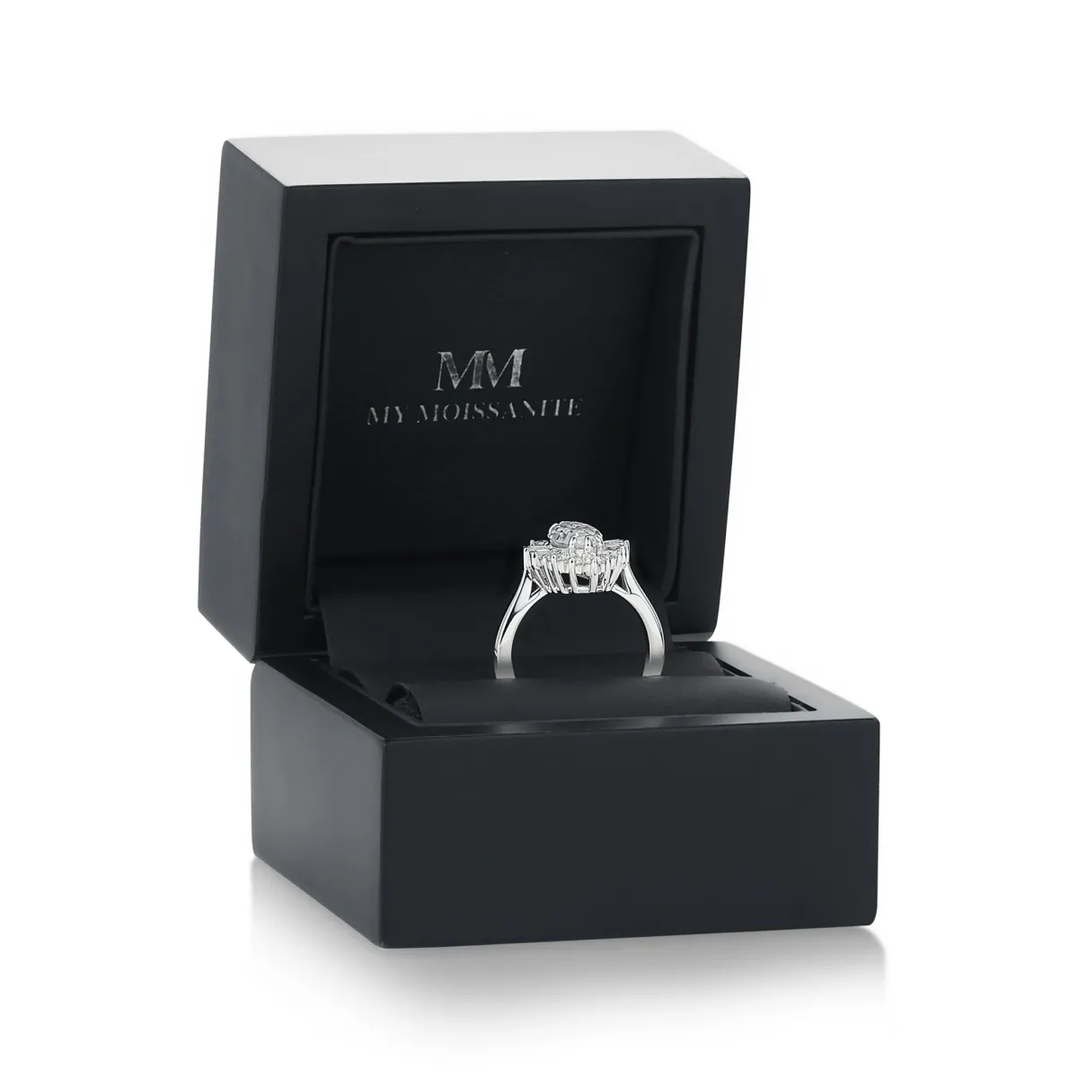 Crownique - Marquise Cut Moissanite Engagement Ring with Halo and Baguette Accents