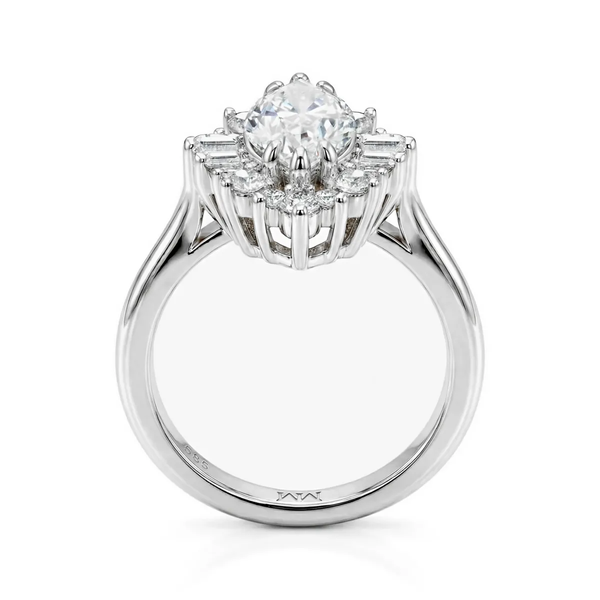 Crownique - Marquise Cut Moissanite Engagement Ring with Halo and Baguette Accents