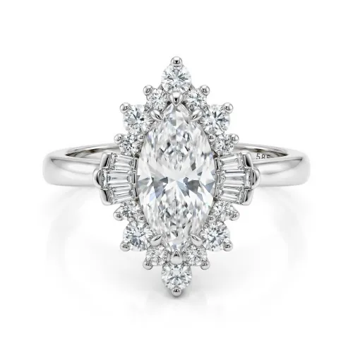 Crownique - Marquise Cut Moissanite Engagement Ring with Halo and Baguette Accents