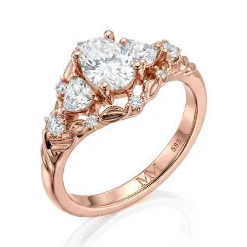 Gardenia - Oval Moissanite Engagement Ring with Heart and Round Accents