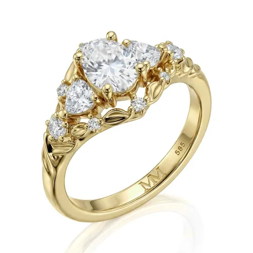 Gardenia - Oval Moissanite Engagement Ring with Heart and Round Accents