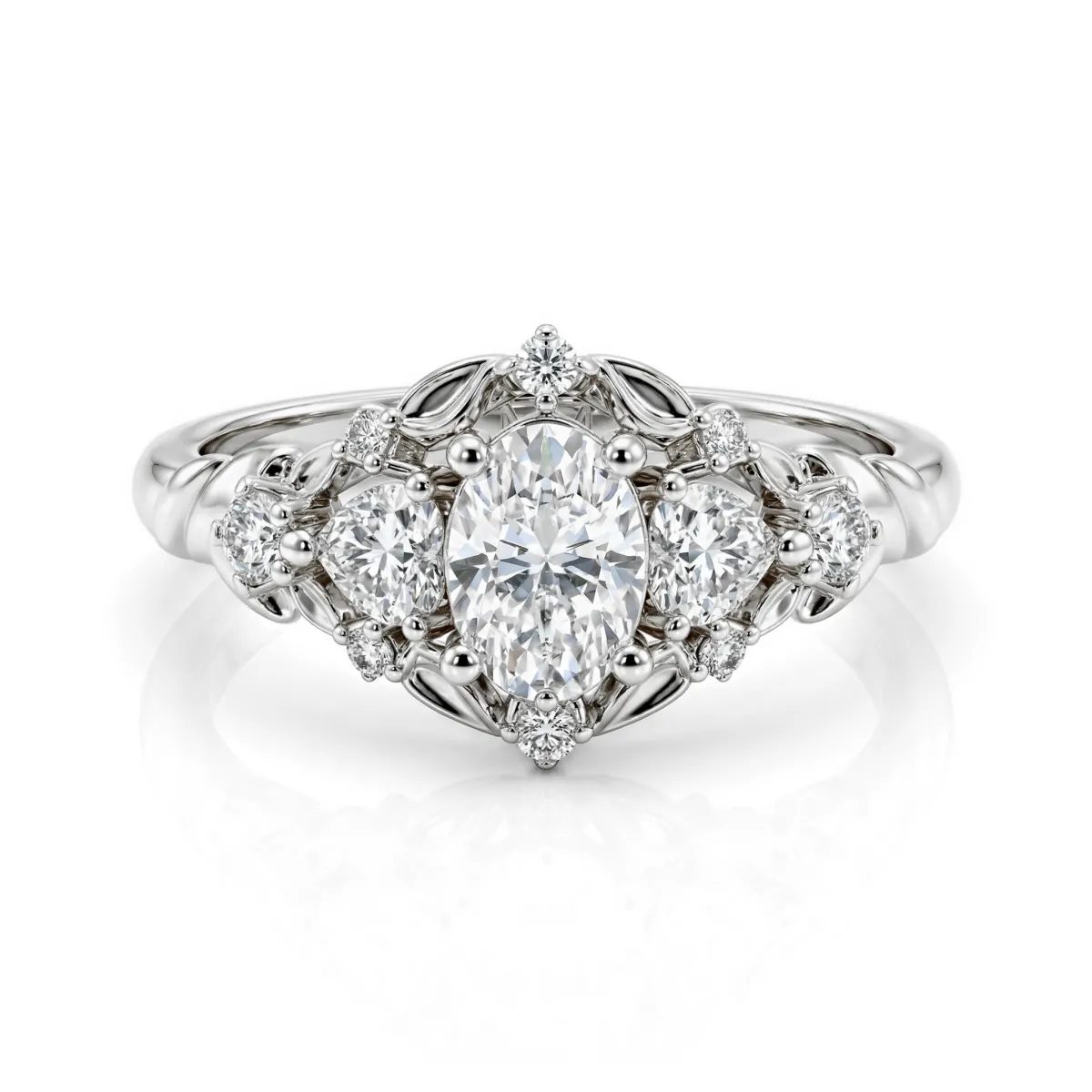 Gardenia - Oval Moissanite Engagement Ring with Heart and Round Accents