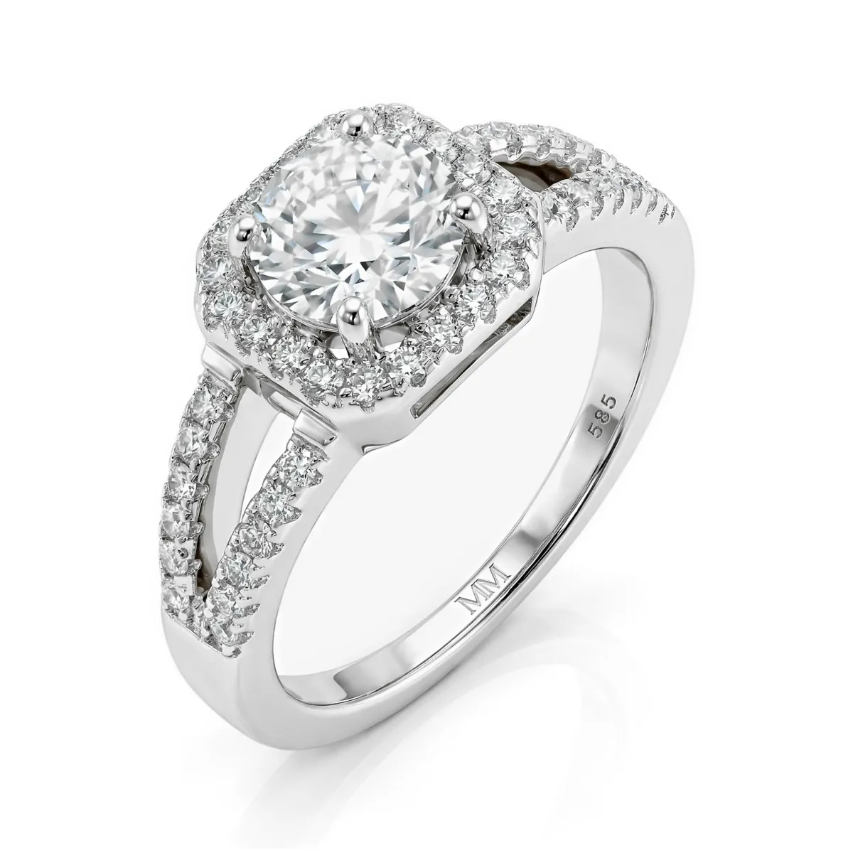 Evora – Moissanite Halo Ring with Split-Shank