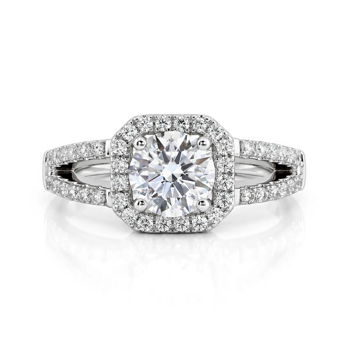 Evora – Moissanite Halo Ring with Split-Shank