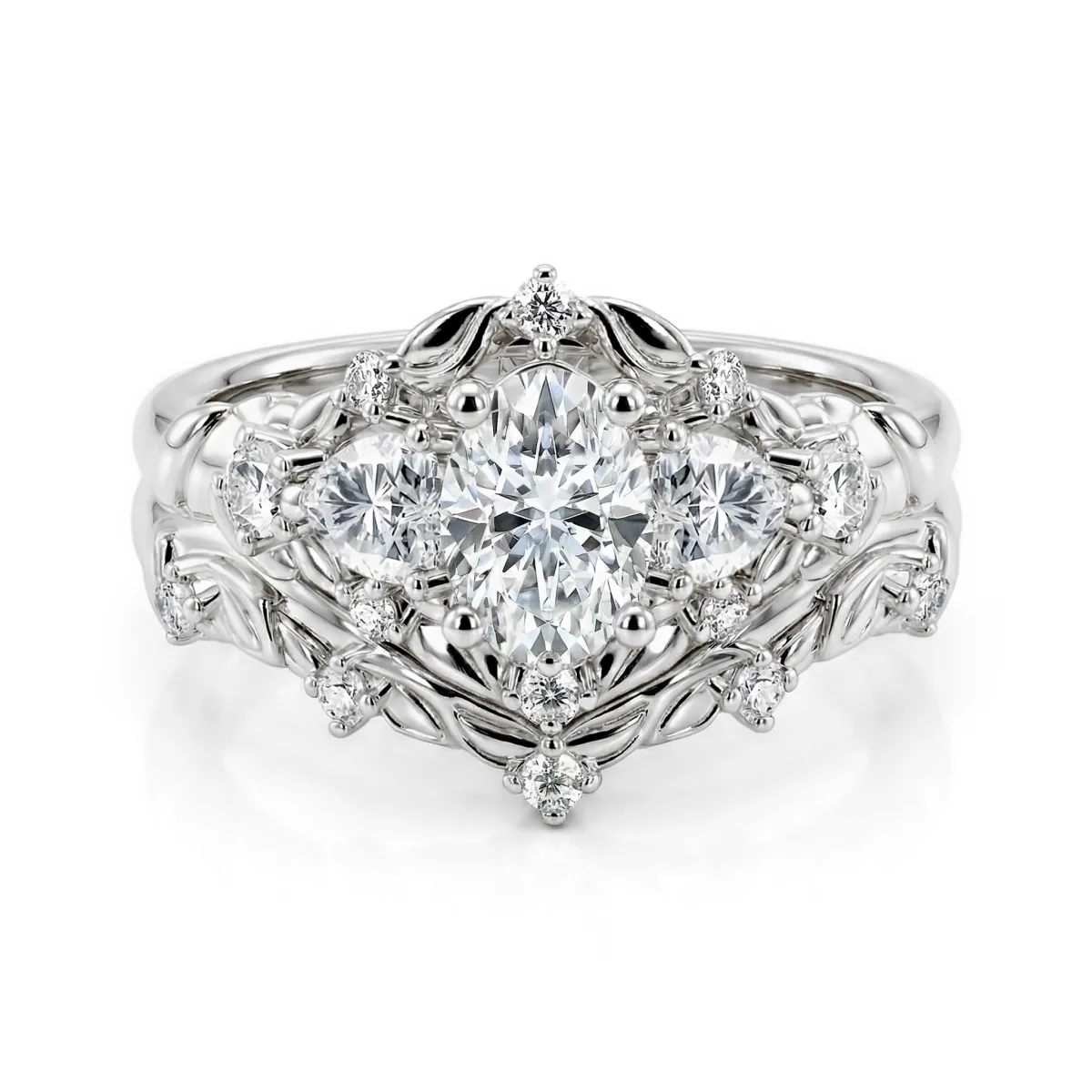 Fiorine - Oval Cut Moissanite Bridal Set with Botanical Design