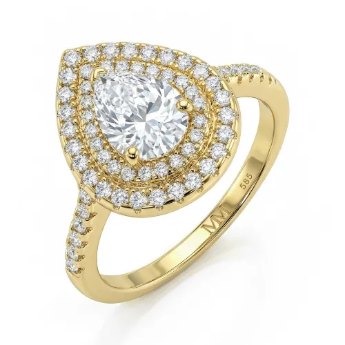 Athena - Pear Cut Moissanite Engagement Ring with Double Halo and Pavé Shank