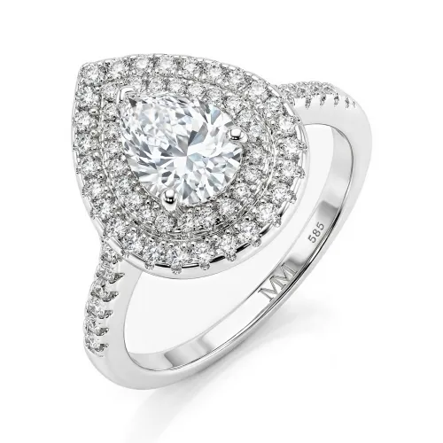Athena - Pear Cut Moissanite Engagement Ring with Double Halo and Pavé Shank
