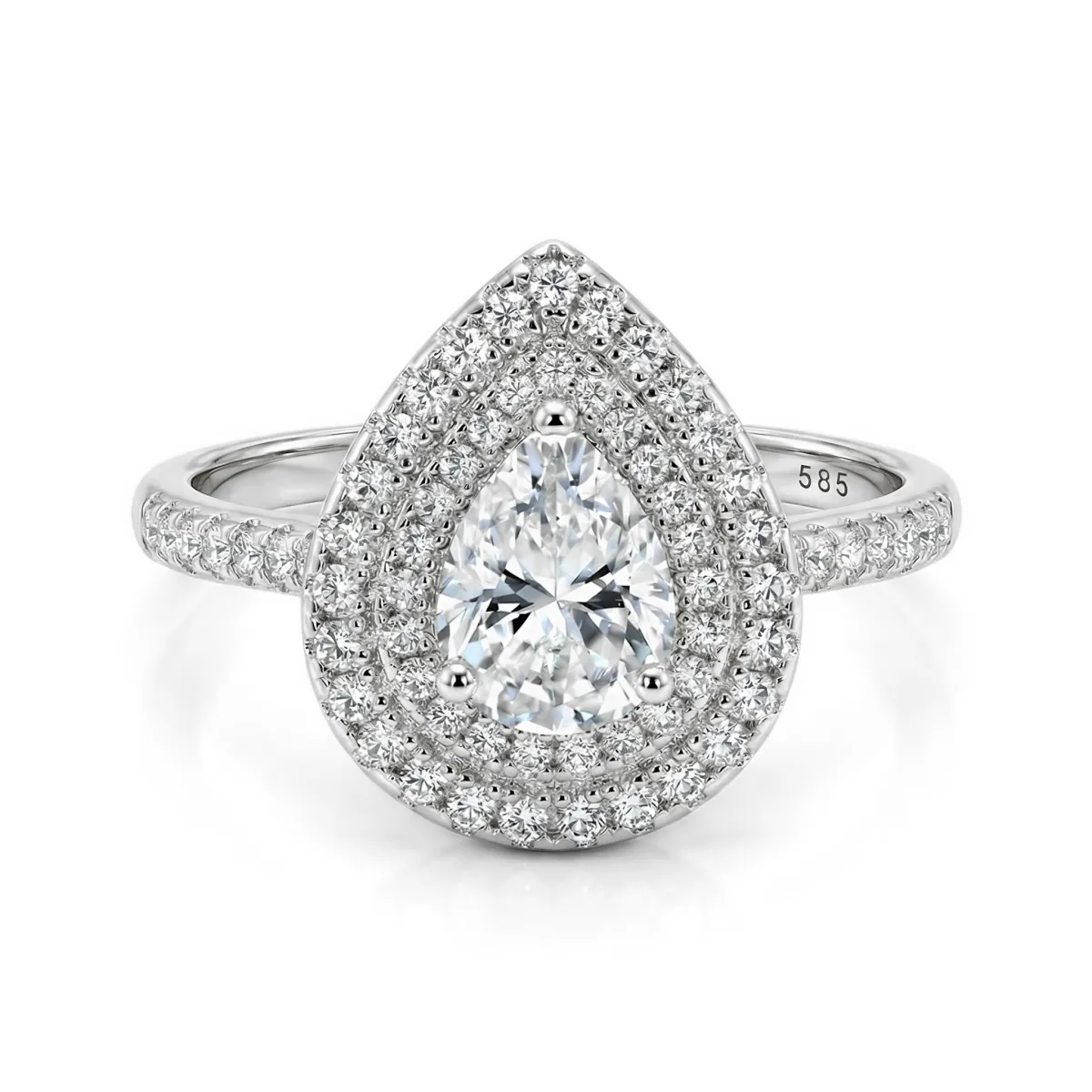 Athena - Pear Cut Moissanite Engagement Ring with Double Halo and Pavé Shank