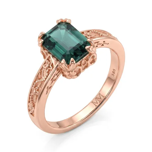 Verdisia - Vintage Floral Emerald Cut Green Moissanite Engagement Ring