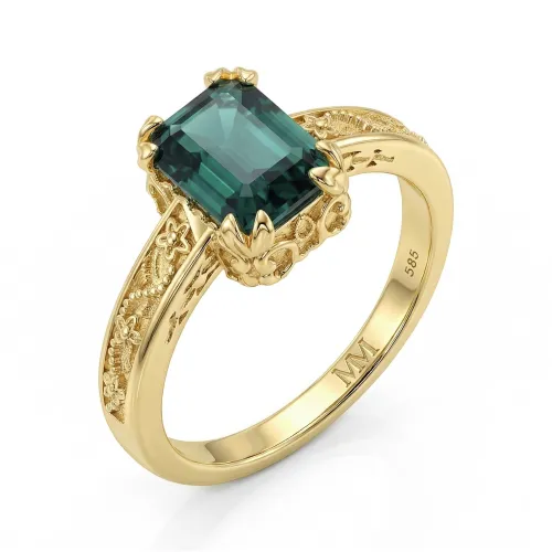 Verdisia - Vintage Floral Emerald Cut Green Moissanite Engagement Ring