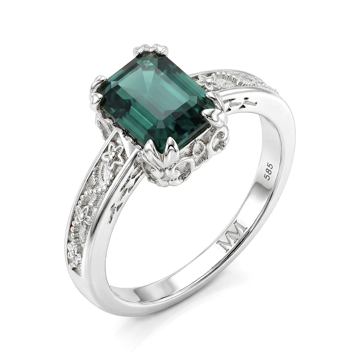 Verdisia - Vintage Floral Emerald Cut Green Moissanite Engagement Ring