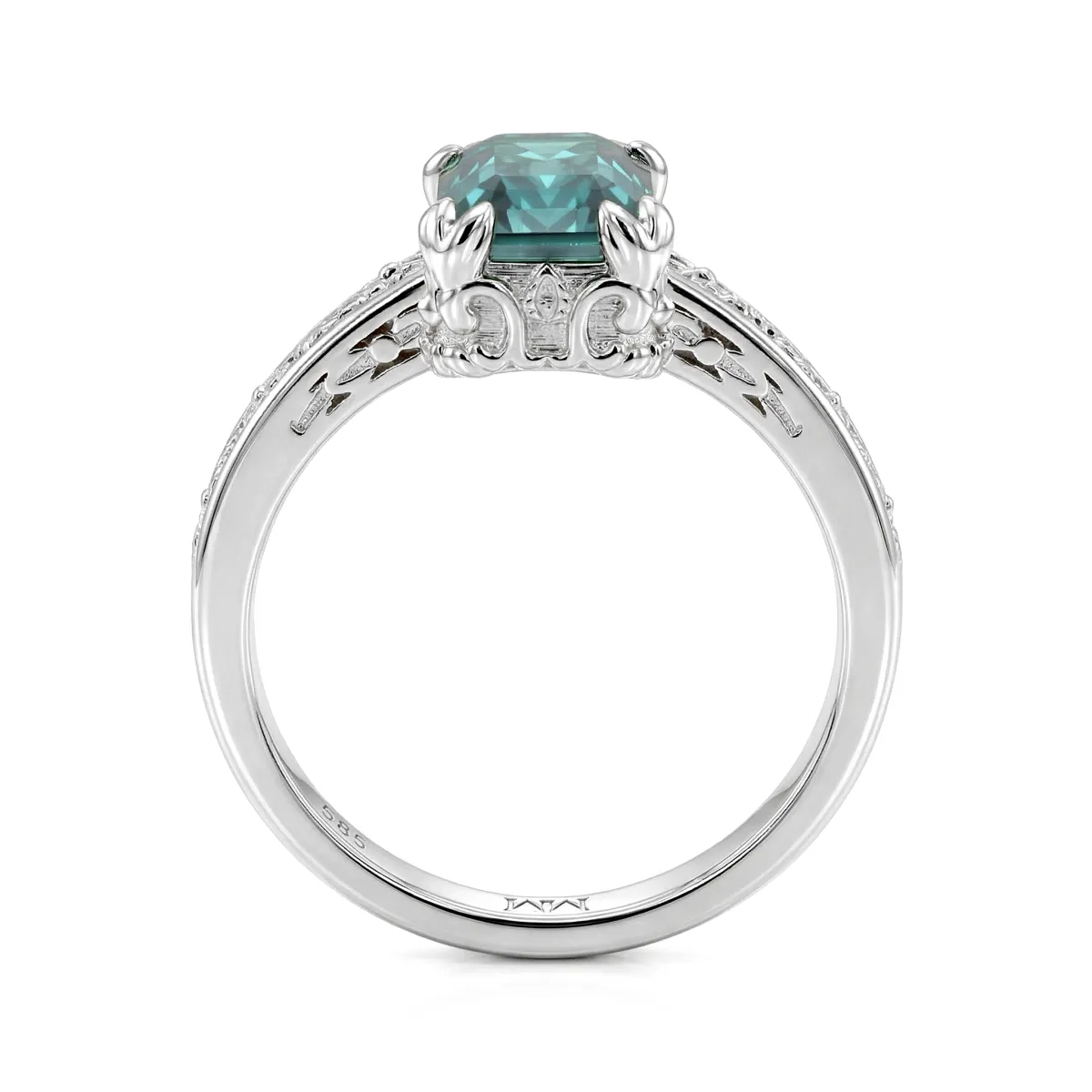 Verdisia - Vintage Floral Emerald Cut Green Moissanite Engagement Ring