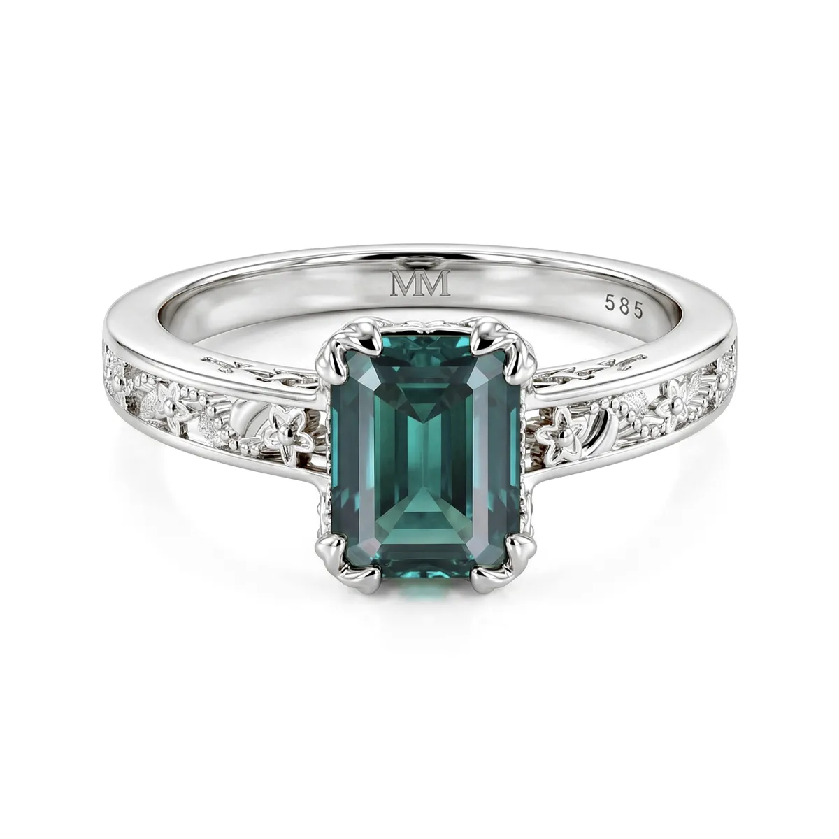 Verdisia - Vintage Floral Emerald Cut Green Moissanite Engagement Ring