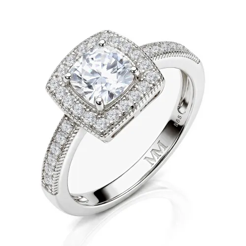 Sanctum - Cushion Cut Moissanite Engagement Ring with Vintage Halo and Pavé Band