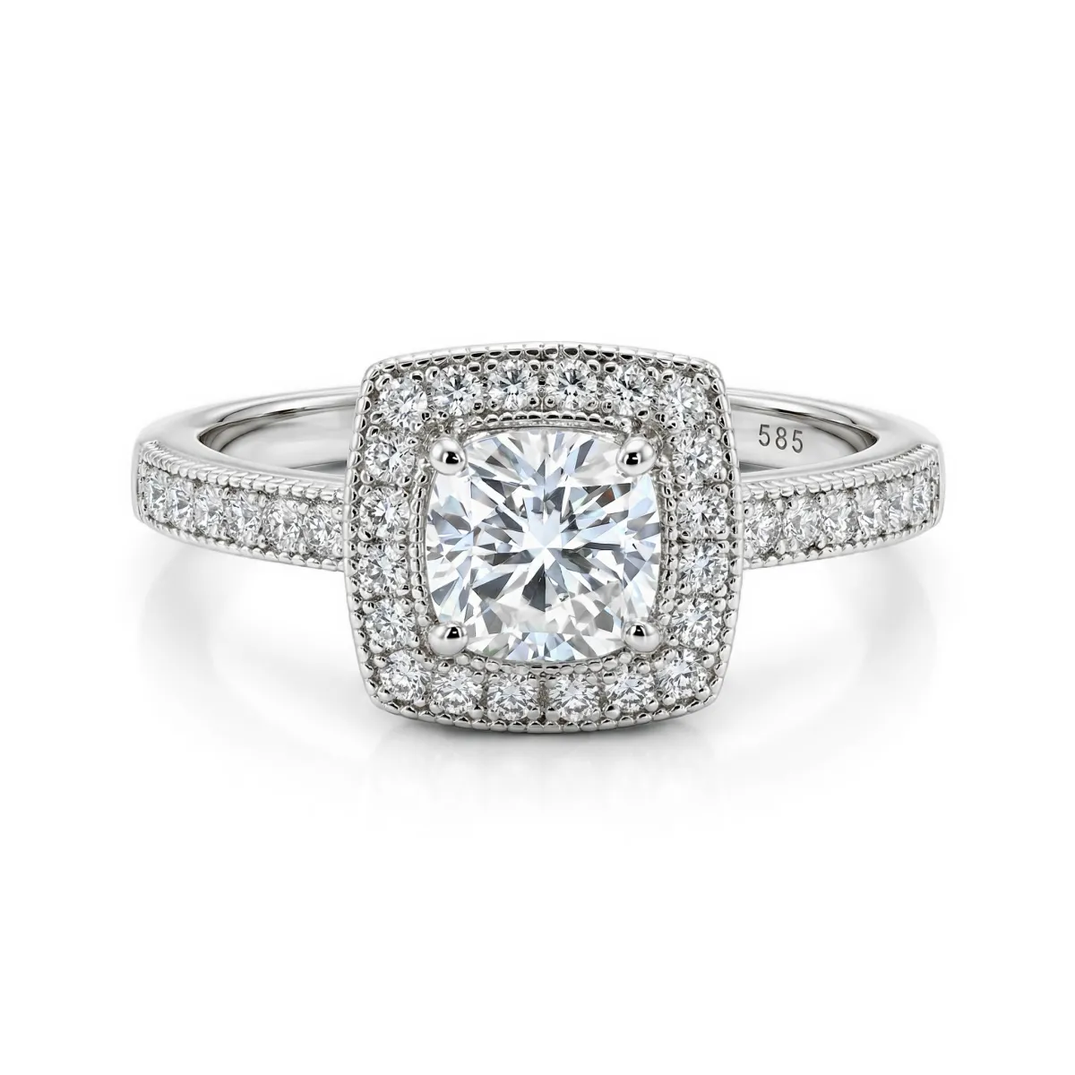 Sanctum - Cushion Cut Moissanite Engagement Ring with Vintage Halo and Pavé Band
