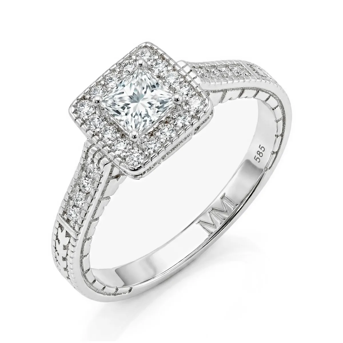 Paragone - Princess Cut Moissanite Halo Engagement Ring With Textured Band