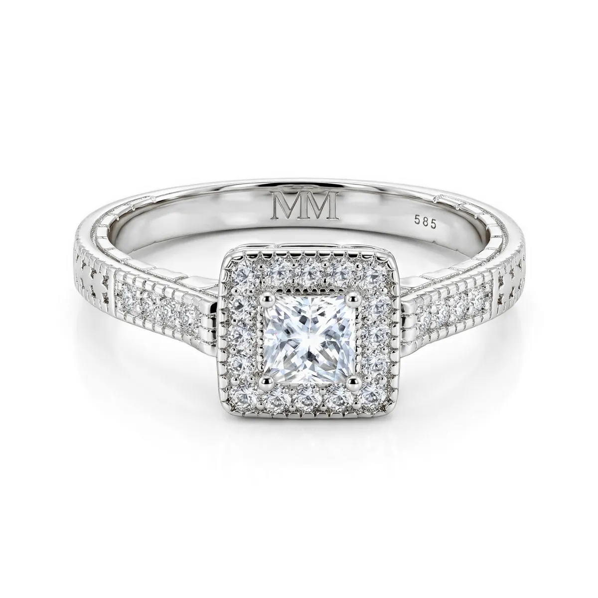 Paragone - Princess Cut Moissanite Halo Engagement Ring With Textured Band