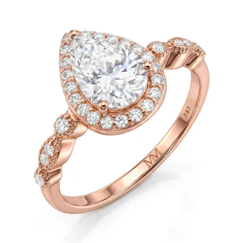 Elanore - Halo Pear Cut Moissanite Engagement Ring with Twisting Pave Band