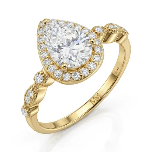 Elanore - Halo Pear Cut Moissanite Engagement Ring with Twisting Pave Band