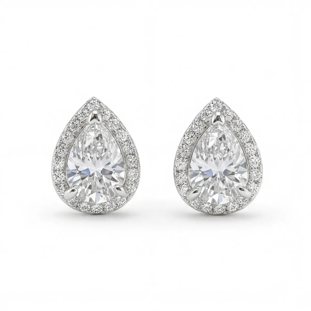 Halo Pears - Pear Moissanite Stud Earrings in Halo Setting