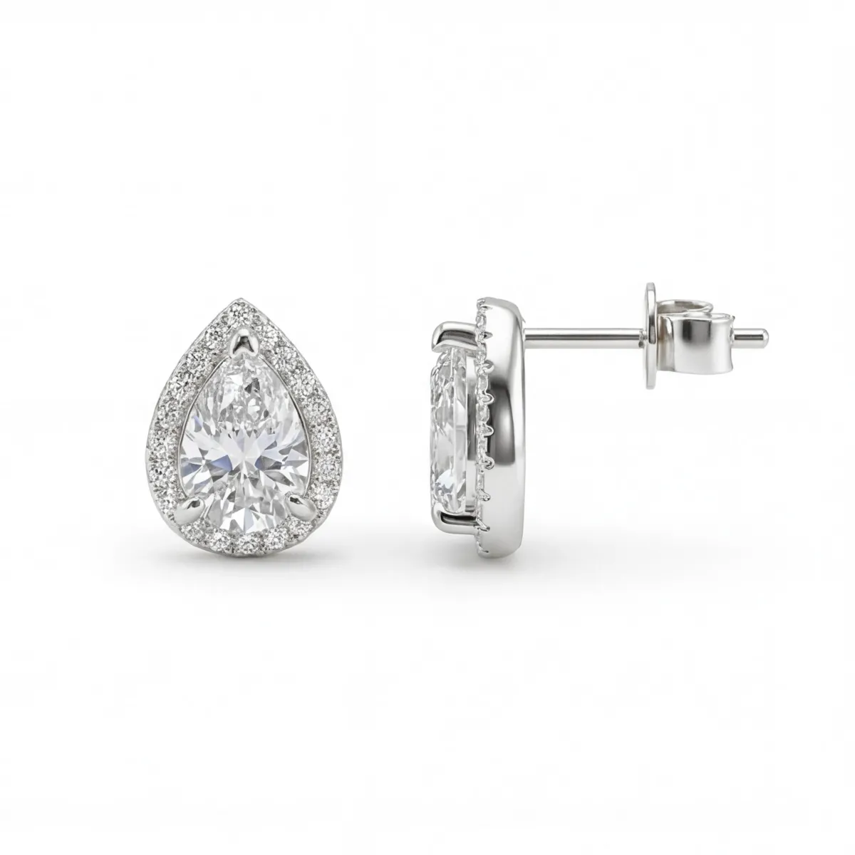 Halo Pears - Pear Moissanite Stud Earrings in Halo Setting