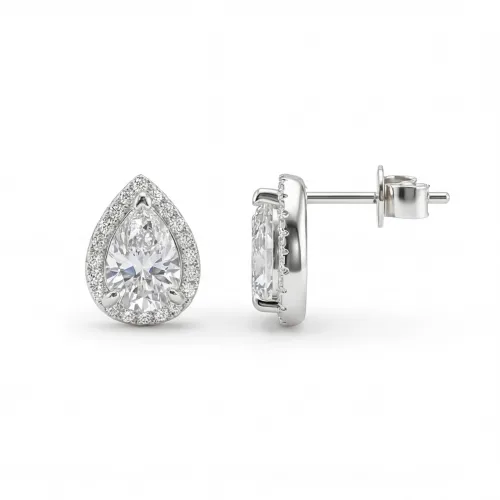 Halo Pears - Pear Moissanite Stud Earrings in Halo Setting