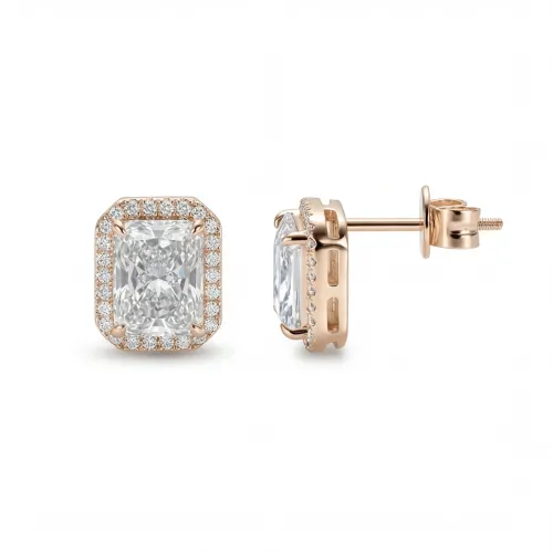 Aura - Radiant Moissanite Stud Earrings in Halo Setting