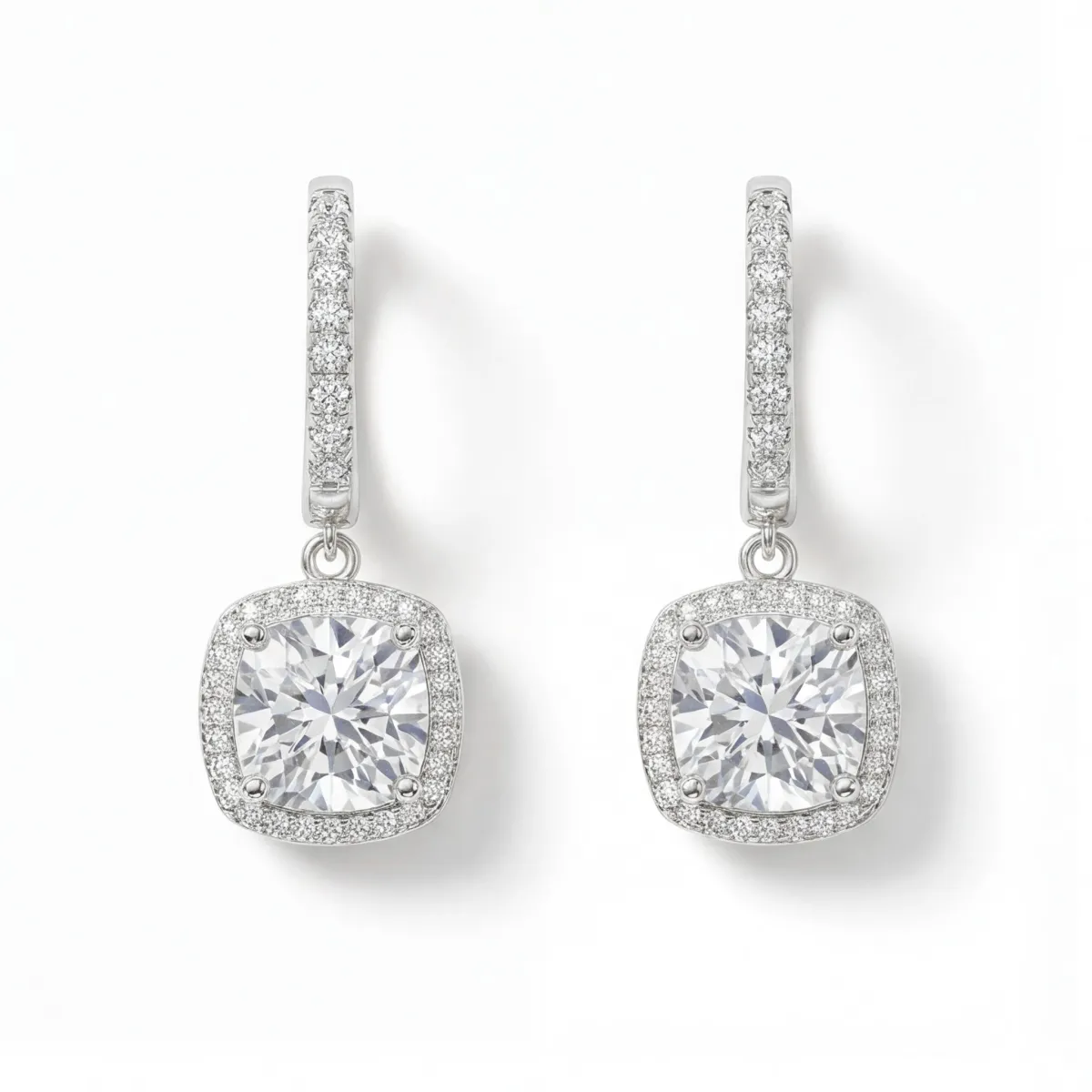 Cushion Drops - Halo & Huggie Moissanite Drop Earrings