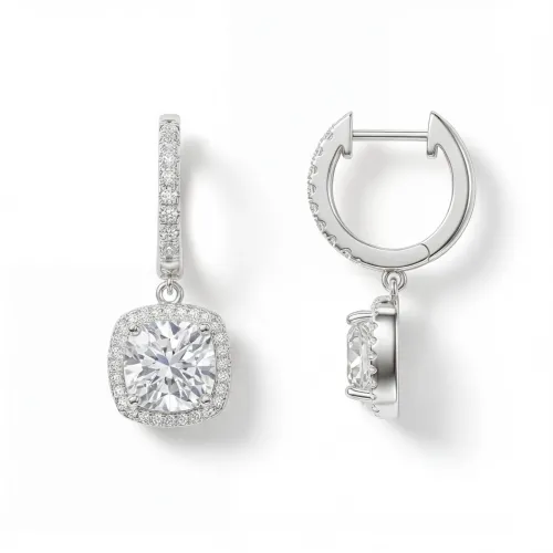 Cushion Drops - Halo & Huggie Moissanite Drop Earrings