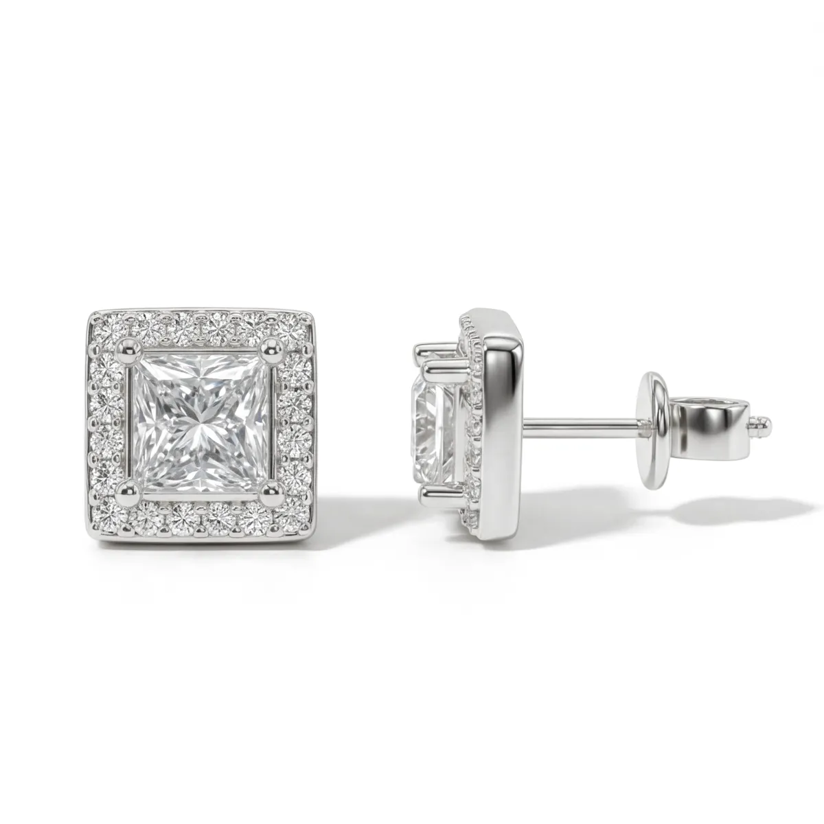 Imperia - Princess Moissanite Stud Earrings in Halo Setting