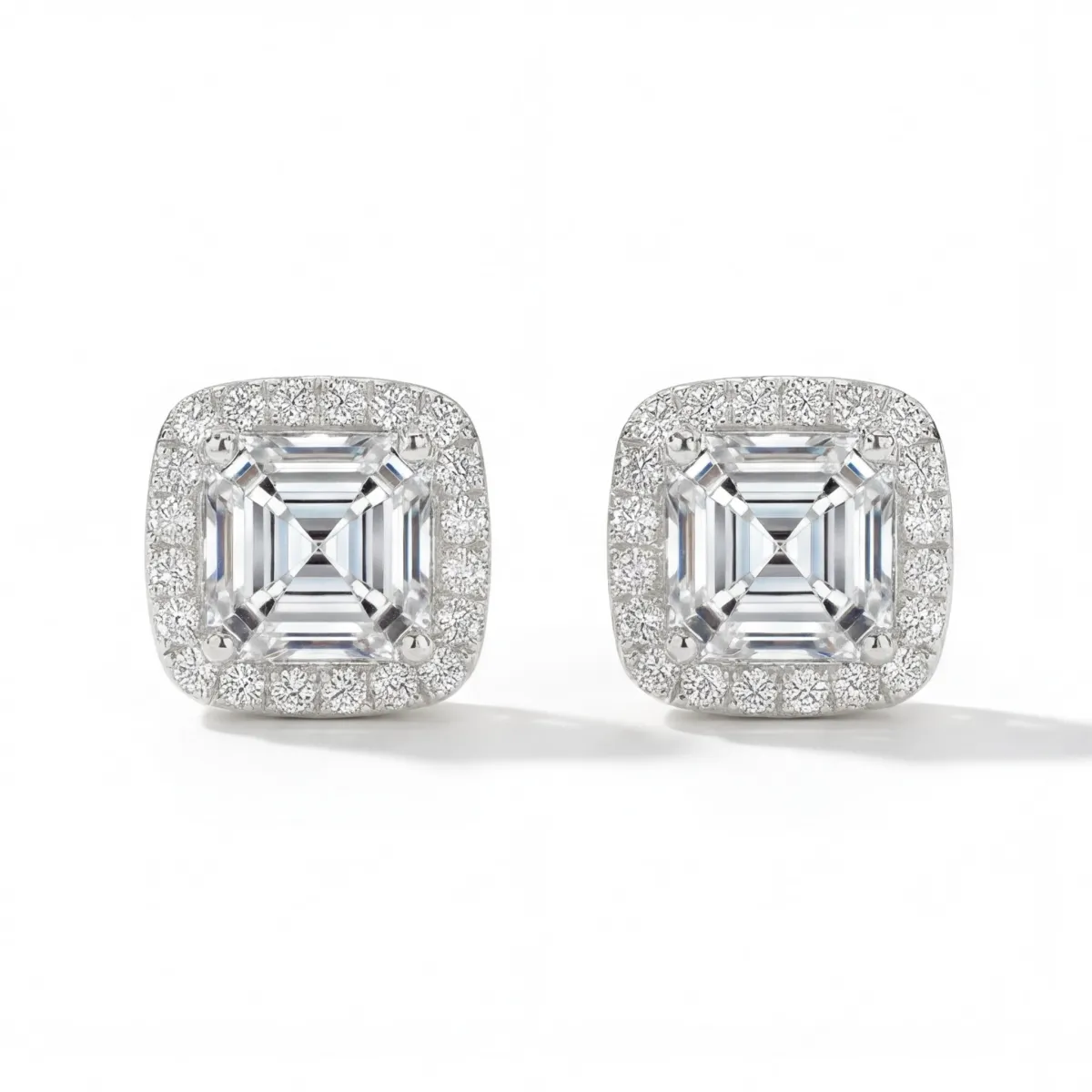 Tetrona - Asscher Moissanite Stud Earrings in Halo Setting