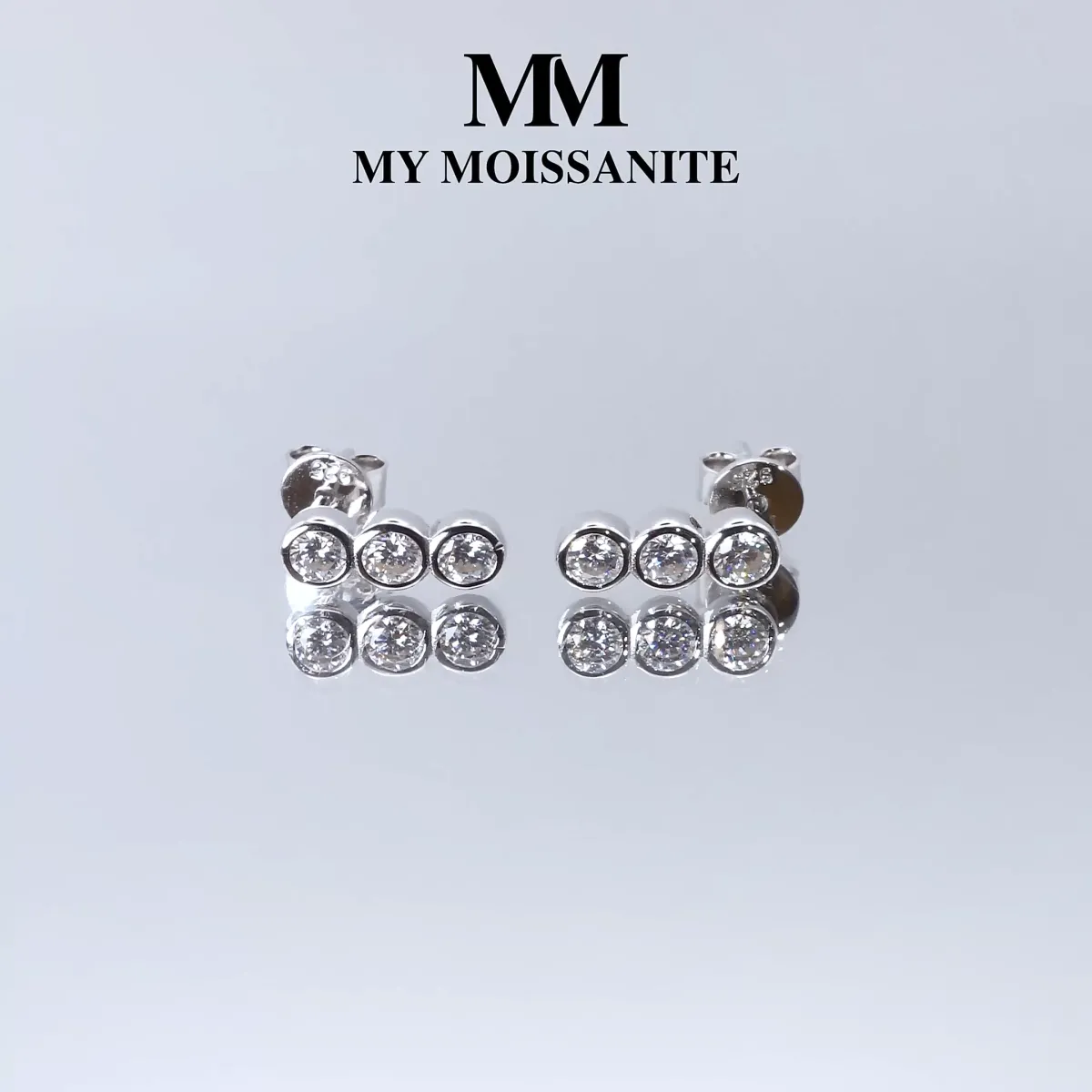 Tri-Bezel - Moissanite Stud Earrings in Bezel Setting