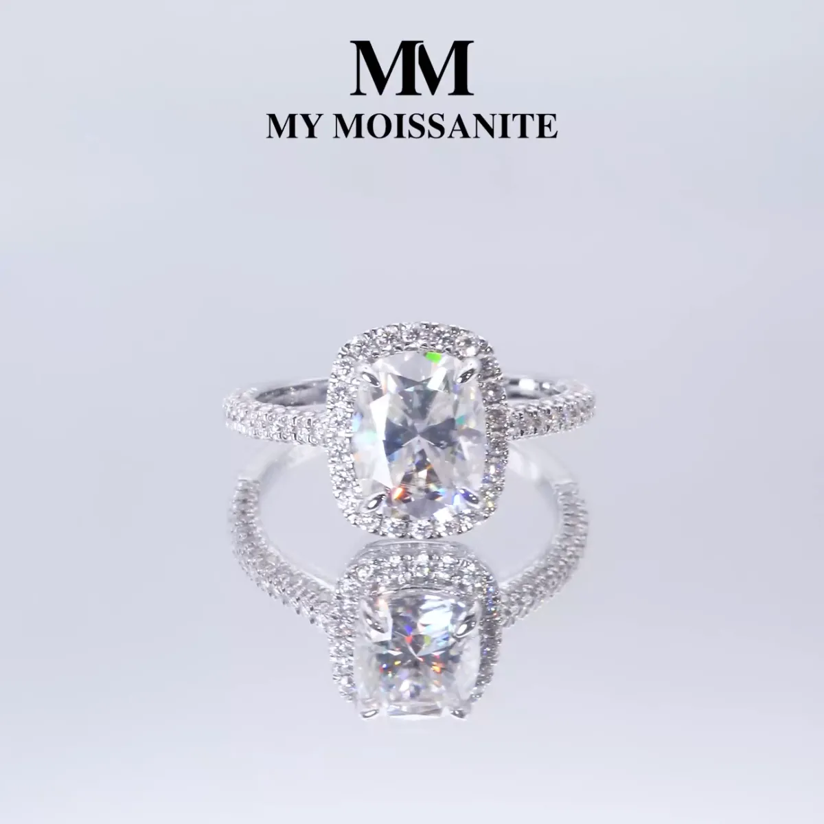 Plushette - Elongated Cushion Cut Moissanite Engagement Ring With Halo and Micropavé Shank