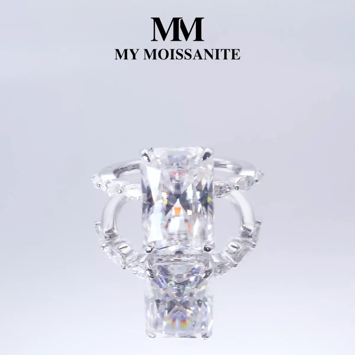 Luminaire - Radiant Cut Moissanite Ring With Marquise Side Stones and Hidden Halo