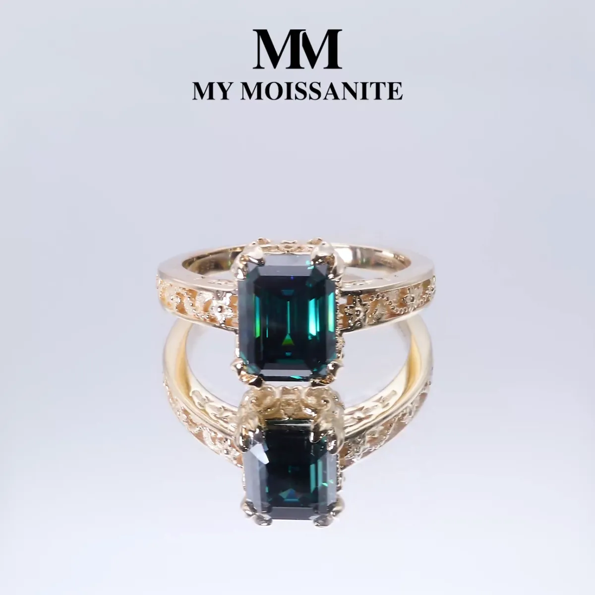 Verdisia - Vintage Floral Emerald Cut Green Moissanite Engagement Ring