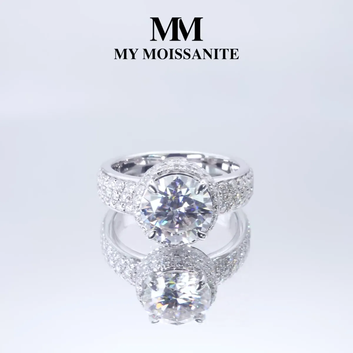 Lustrella - Moissanite Halo Engagement Ring with Pavé Band