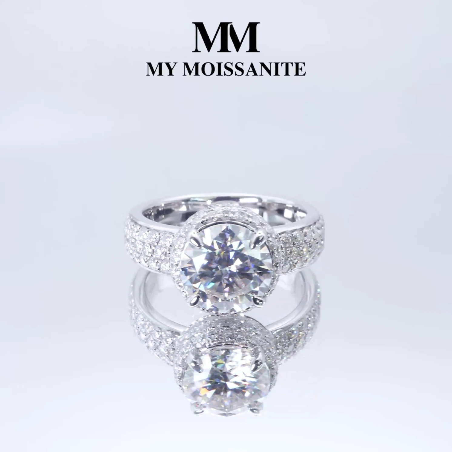 Lustrella - Moissanite Halo Engagement Ring with Pavé Band
